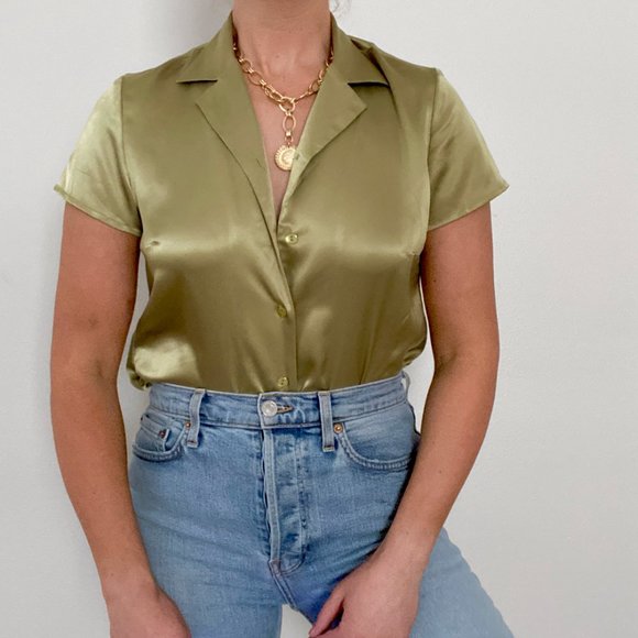 Vintage Tops - Lime Green Satin Short Sleeve Button Down Blouse